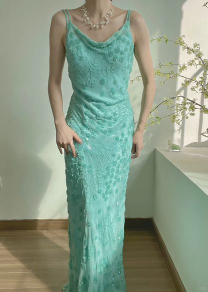 Exquisite Blue Sheath Spaghetti Strap Floral Beaded Chiffon Long Prom Dress Formal Dress SH3867