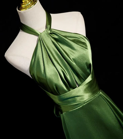Sexy A line Green Satin Halter Backless Prom Dress Prom Dress SD1294