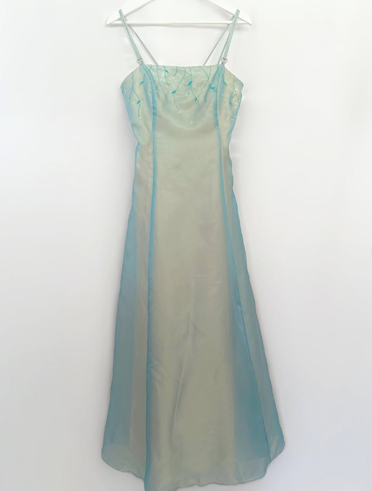 Retro Blue A Line Spaghetti Strap Embroidery Organza Prom Dress Evening Dress SH3610