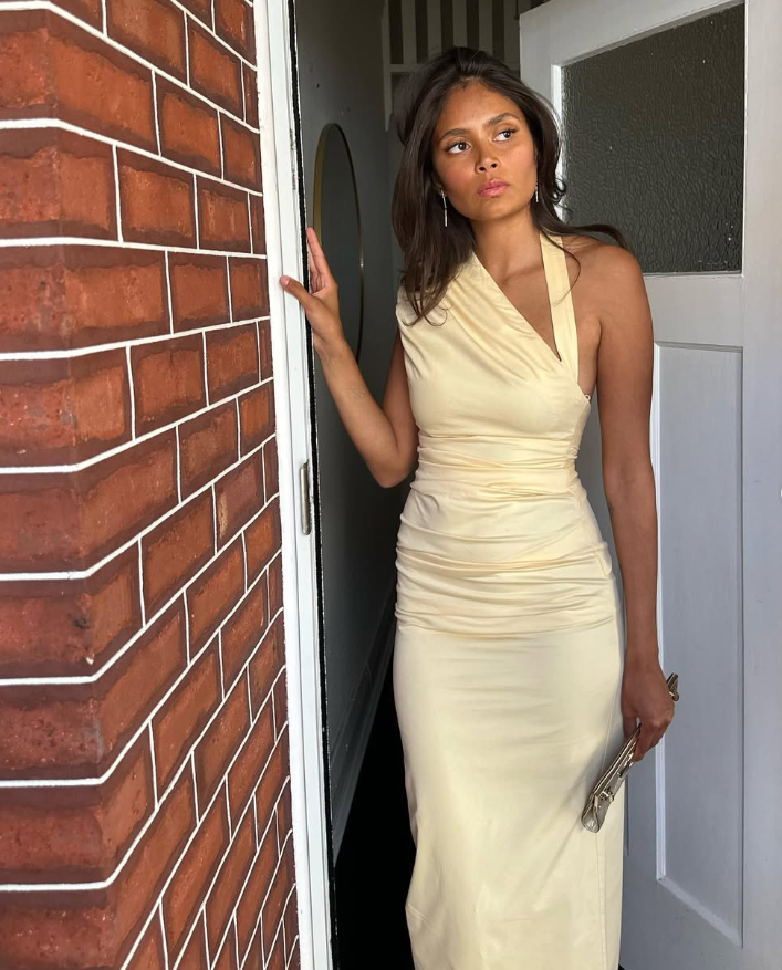 Charming Sheath Halter Light Yellow Satin Long Prom Dress Evening Dress SH2076