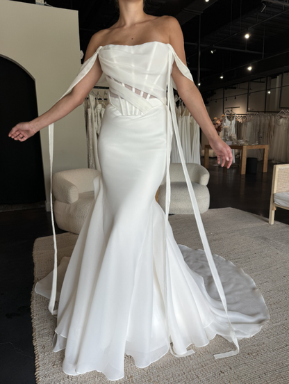 Simple Mermaid Off the Shoulder Corset Chiffon Long Sweep Wedding Dress SH2233