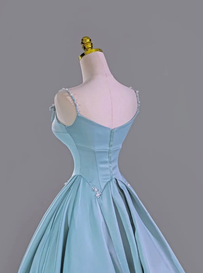 Blue A Line Spaghetti Strap Pearl Bow Satin Prom Dress Graduation Prom Dress SH2463