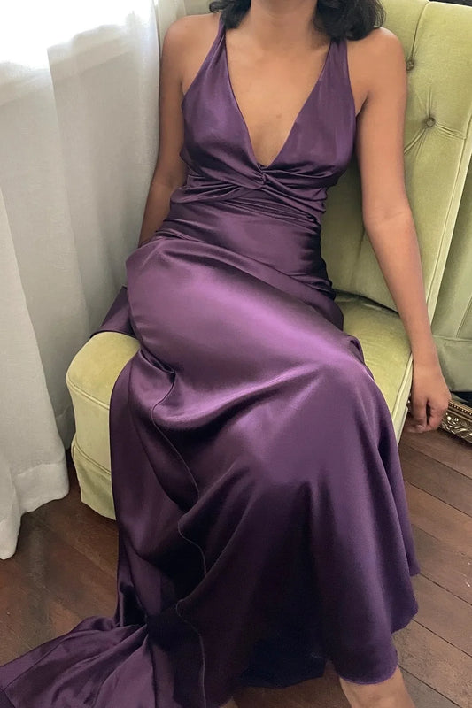 Simple A Line Halter Purple Satin Open Back Prom Dress Evening Dress SH2533