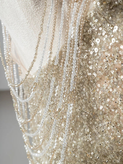 Champagne gold shining elegant tulle long prom dress evening dress party dress gh4870