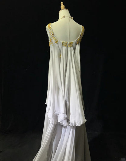 White Vintage Ancient Greek Goddess Gorgeous Sparkling Elegant Exquisite Gold Rhinestone Beads Tulle Long Mermaid Floor Length Trail Slim Fairy Ball Gown Evening Gown Party Dress Prom Gown gh3852