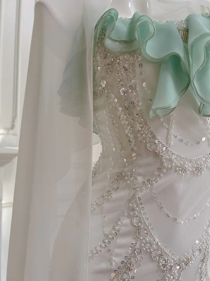 Mint Green Beaded Flowing Long Chiffon Ball Gown Birthday Party Dress Evening Dress gh4407