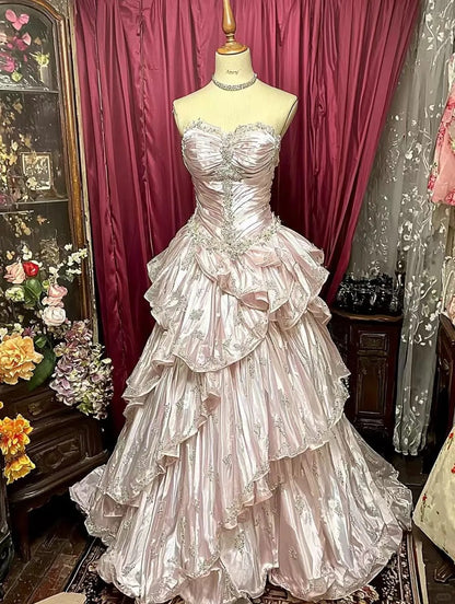 Pink Fashion Vintage Elegant Exquisite Beading Sweet Elegant Long Layered Tulle Floor Length Ball Gown Evening Gown Wedding Dress gh4159