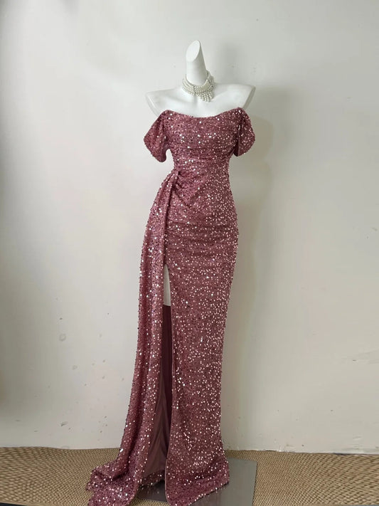 Pink Simple Fashionable Elegant Long Sequined Floor-length Sexy Slit Ball Gown Evening Gown Prom Gown gh3729