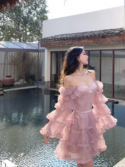 Gentle Purple A Line Long Sleeve Layered Tulle Homecoming Dress Birthday Dress Outfits SH3640