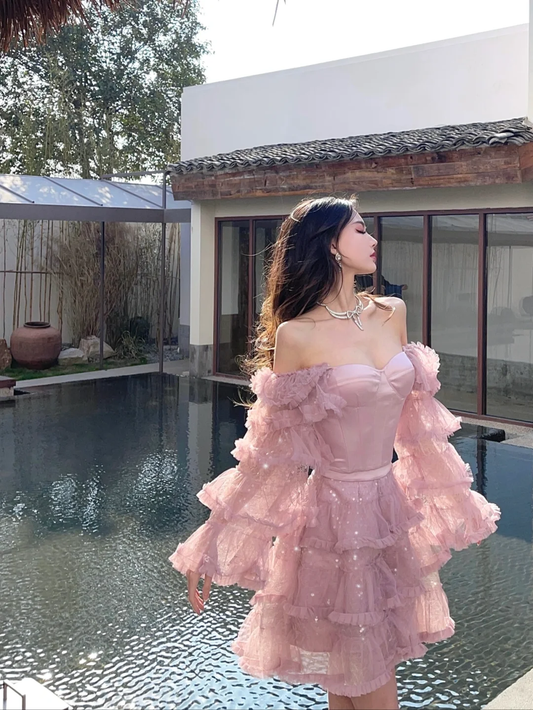 Gentle Purple A Line Long Sleeve Layered Tulle Homecoming Dress Birthday Dress Outfits SH3640