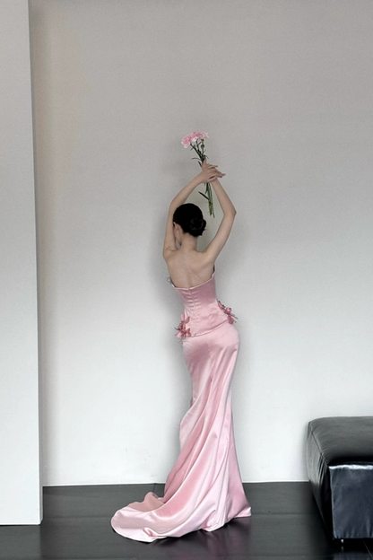 Pink Fashion Elegant Exquisite Floral Long Satin Corset Mermaid Slim Floor Length Train Ball Gown Evening Dress Party Dress Prom Dress gh3731