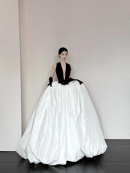 Black and white fashionable and elegant V-neck long satin A-line floor-length ball gown evening dress prom dress gh3732