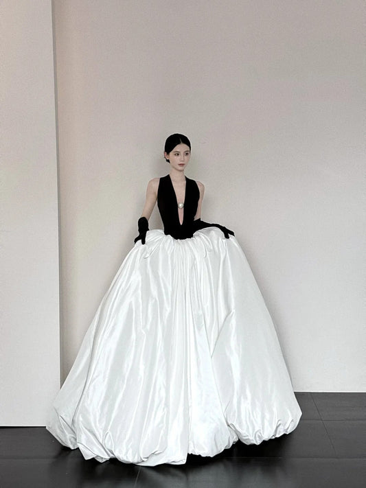 Black and white fashionable and elegant V-neck long satin A-line floor-length ball gown evening dress prom dress gh3732