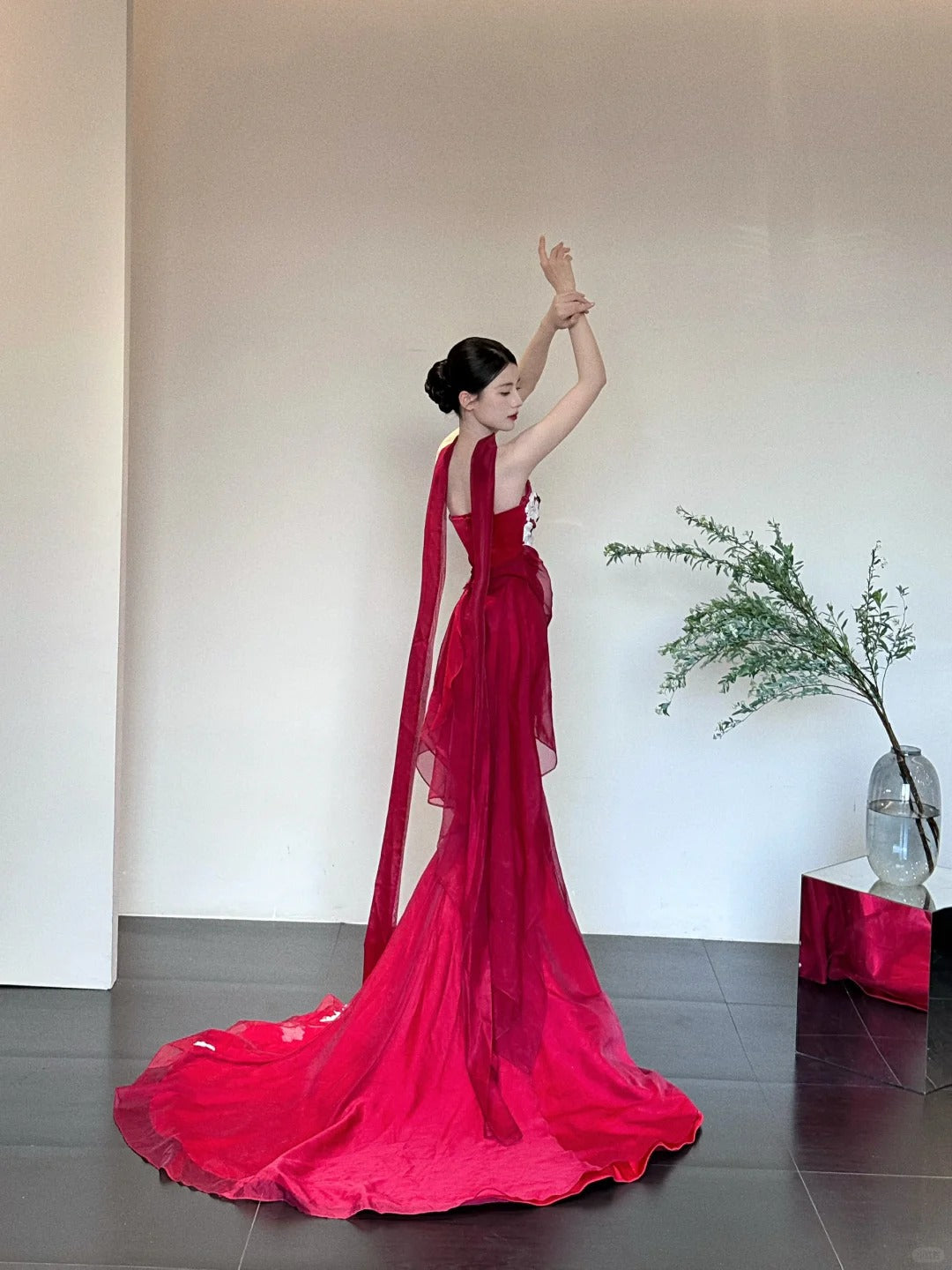 Red Elegant Delicate Floral Fashion Elegant Long Satin Tulle Mermaid Slim Fit Floor Length Trailing Ball Gown Evening Gown Prom Gown gh3733