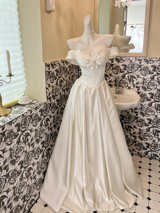 White Classy Ball Gown Off the Shoulder Pearl Satin Long Prom Dress Wedding Dress SH3857