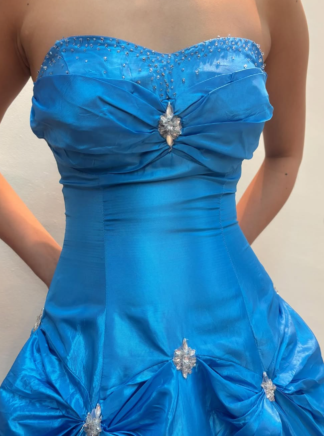 Princess A Line Sweetheart Neck Beaded Rhinestone Blue Satin Long Prom Dress Evening Dress SH2099