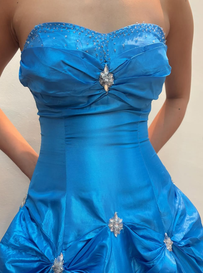 Princess A Line Sweetheart Neck Beaded Rhinestone Blue Satin Long Prom Dress Evening Dress SH2099