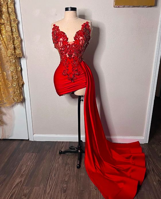 Red Beaded Appliques With Train Prom Dressesï¼_weetheart Mini Cocktail Evening Dress SH797