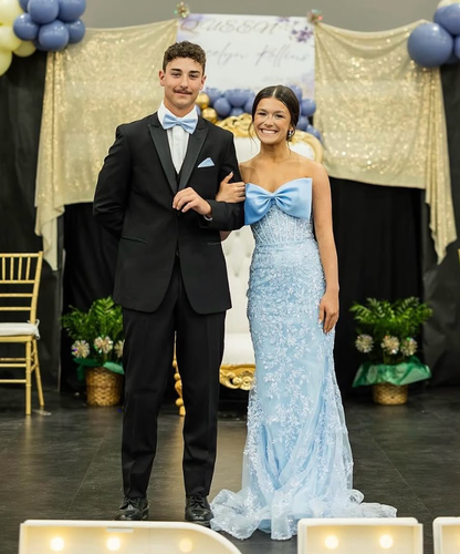 Blue Mermaid Strapless Lace Tulle Date Dress Prom Dress with Bow SH3884