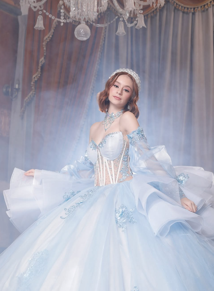 Baby Blue Sweetheart Neck Appliques Beaded Tulle Prom Dress Quinceanera Dress Ball Gown SH2352