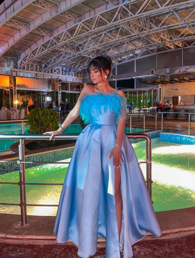 Blue A Line Strapless Feather Satin Prom Dress Evening Dress with Slit SH2043