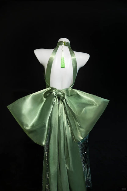 Green Elegant Exquisite Beaded Sequined Long Satin Mermaid Cheongsam Ball Gown Evening Gown Wedding Gown Party Dress gh4132