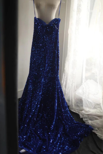 Royal blue fishtail evening dress custom velvet Sequins beaded side slit pleated wedding adult ceremony birthday party gh4326