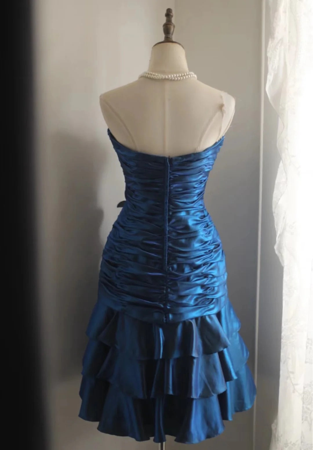 Blue Beaded Floral Homecoming Dress Short Satin Ball Gown Evening Gown Graduation Gown gh4495
