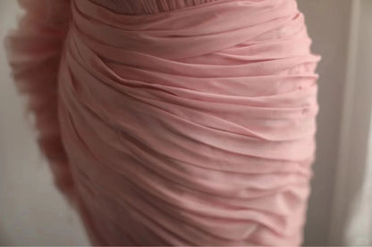 Pink elegant unique long tulle bias cut irregular pleated fishtail ball gown dinner party evening dress wedding adult ceremony birthday party gh4079