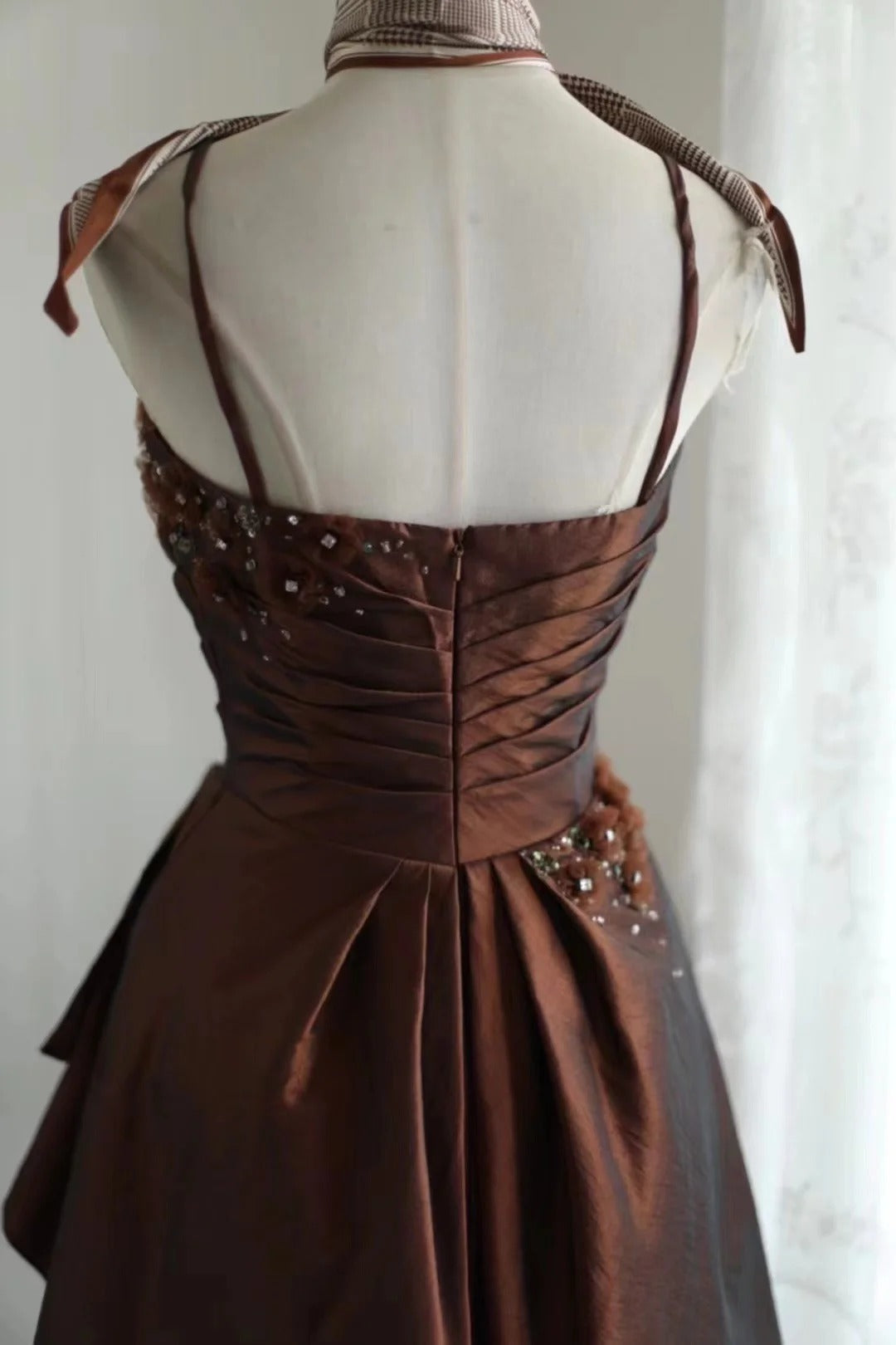 Brown retro palace puff short homecoming dress princess dress taffeta satin handmade beading adult ceremony birthday party gh4374
