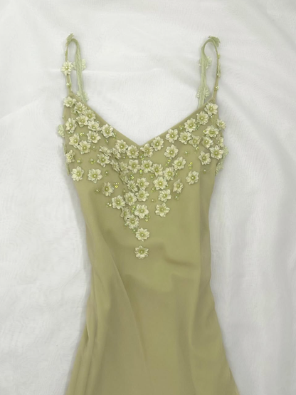 Bean Green Floral A Line Spaghetti Strap Beaded Layered Chiffon Homecoming Dress Party Dress SH3568