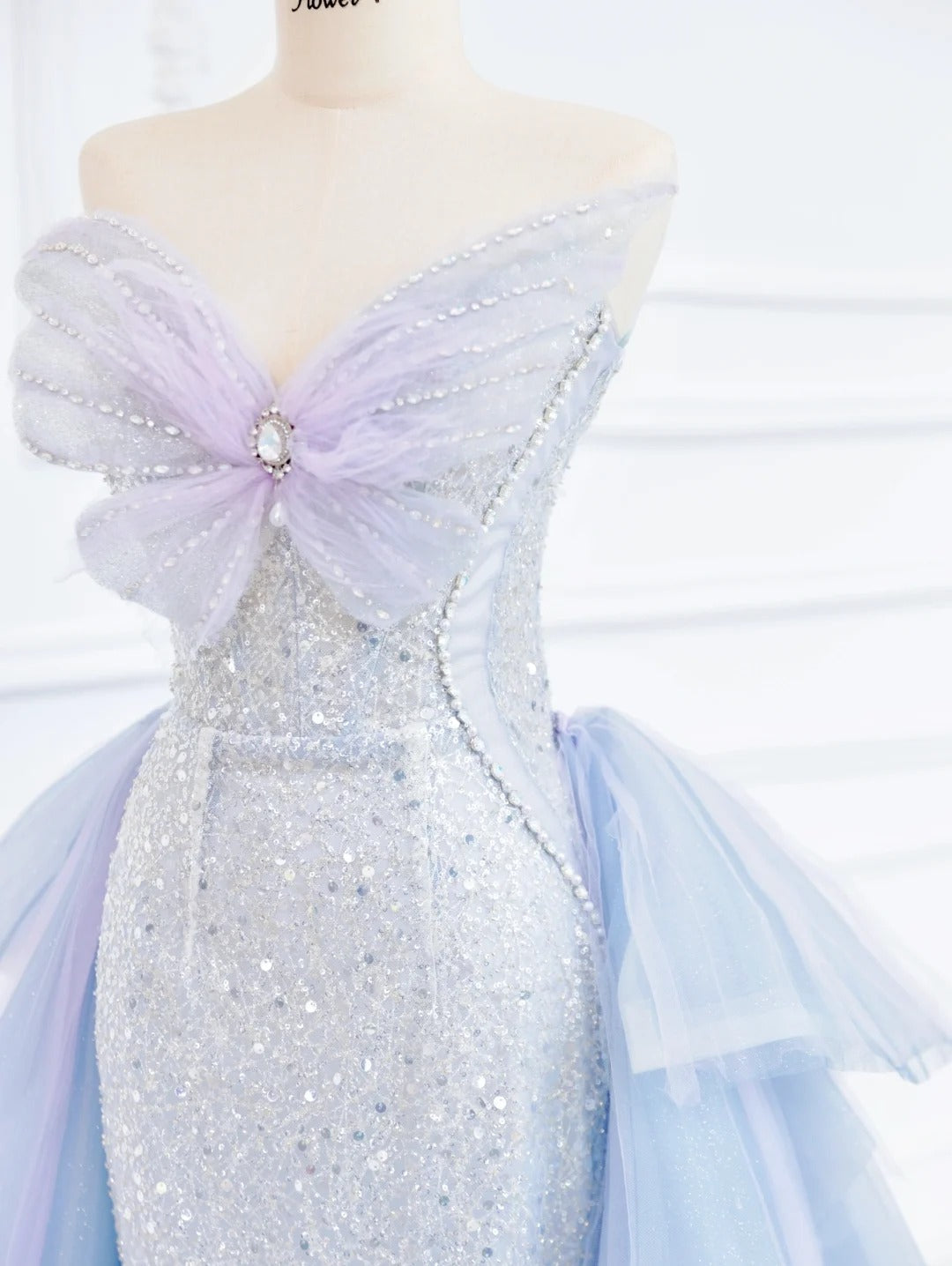 _Blue Butterfly Gorgeous Shiny Elegant Sequined Long Mermaid Tulle Ball Gown Evening Dress gh4272