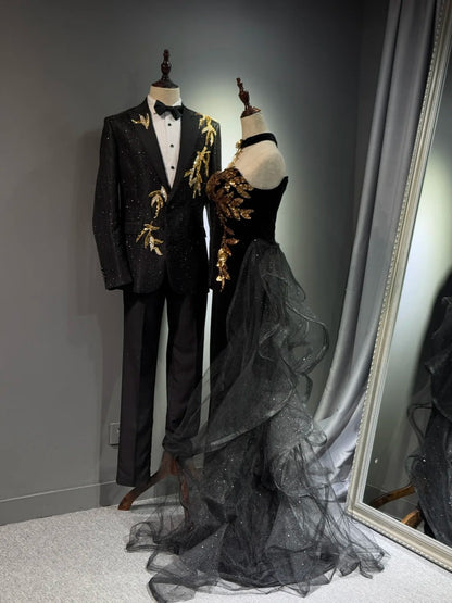 preppydressess -Black shiny elegant long gold sequined tulle trailing ball gown evening gown graduation gown gh5108