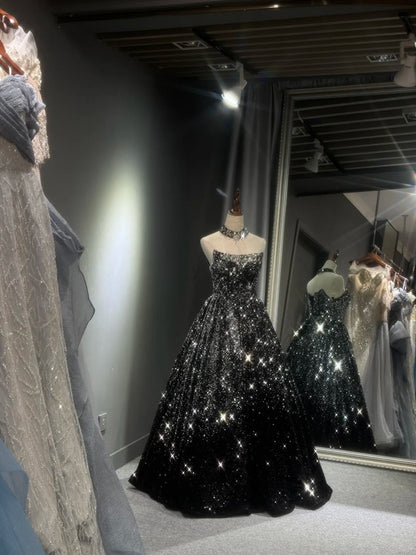 preppydressess -Black silver gradient shimmering long sequined tulle ball gown evening dress gh5109