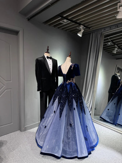 preppydressess -Blue shiny long sequined tulle ball gown evening dress graduation dress gh5110