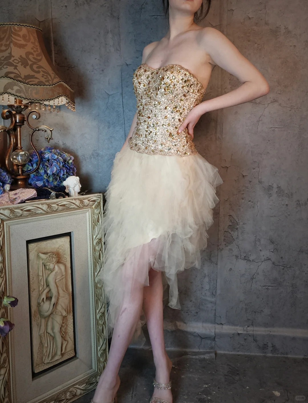 Ivory white gorgeous beautiful vintage long tulle yellow crystal beaded princess style fluffy ball gown evening dress party dress gh4796