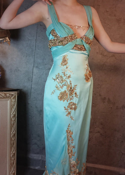Mint blue vintage beaded lace embroidery beautiful macarons gold embroidered flowers romantic ball gown evening dress party dress gh4803