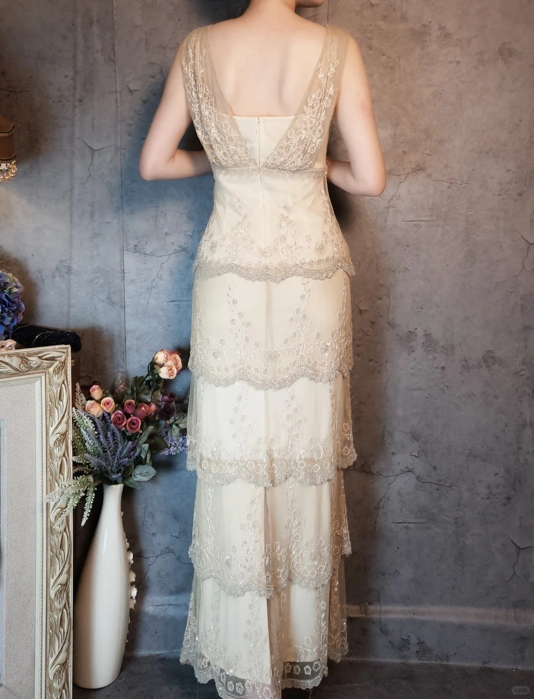 Ivory romantic beautiful gentle vintage long lace beaded layered cake ball dress evening dress party dress gh4795