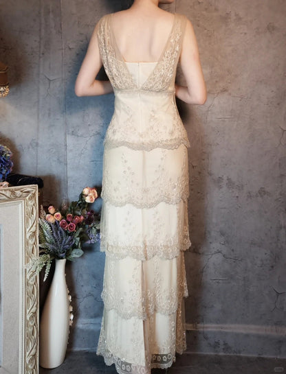 Ivory romantic beautiful gentle vintage long lace beaded layered cake ball dress evening dress party dress gh4795