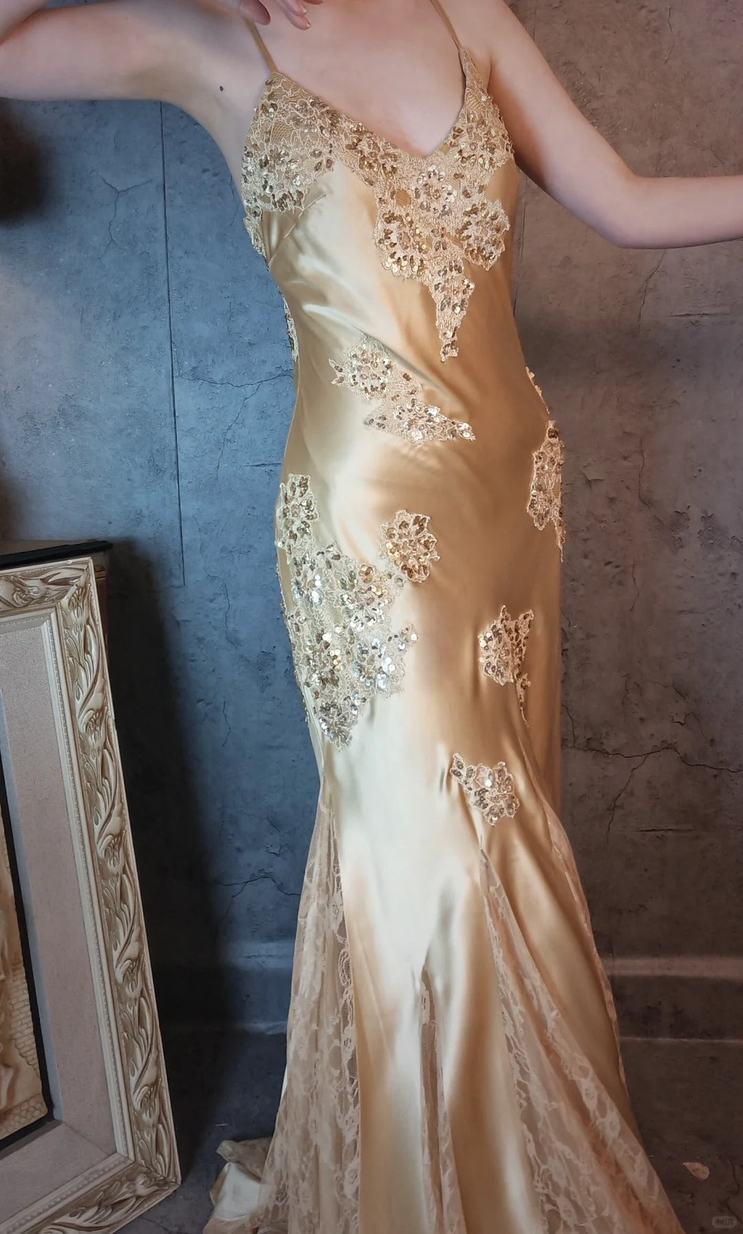 Champagne gold satin beautiful vintage beaded lace ball gown evening dress party dress gh4793