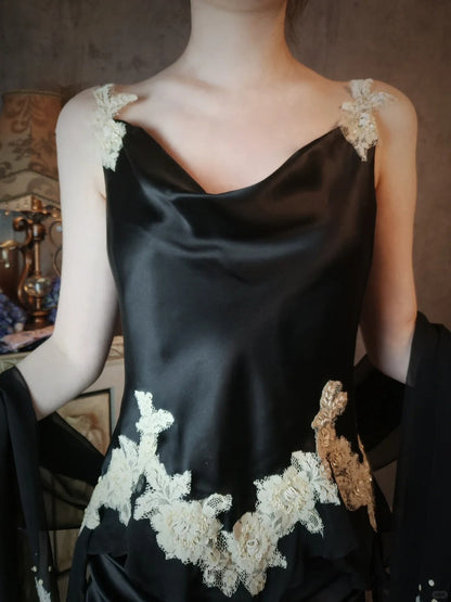 Beautiful black and white vintage satin shawl elegant romantic ball gown evening dress party dress gh4804