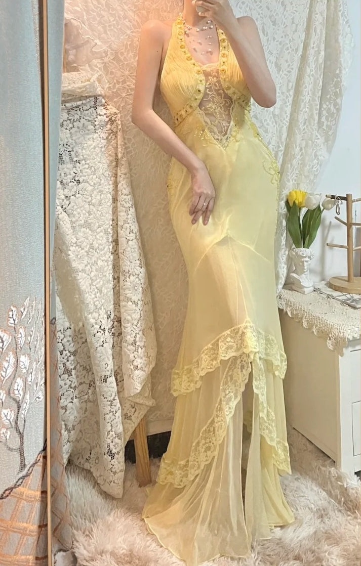 Yellow beaded elegant long chiffon ball gown evening dress party dress gh4467