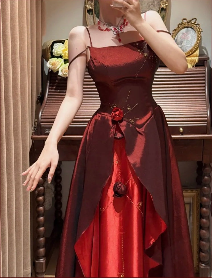 Burgundy Exquisite Beaded Long Floral Satin Tulle Ball Gown Evening Gown Graduation Gown gh4255