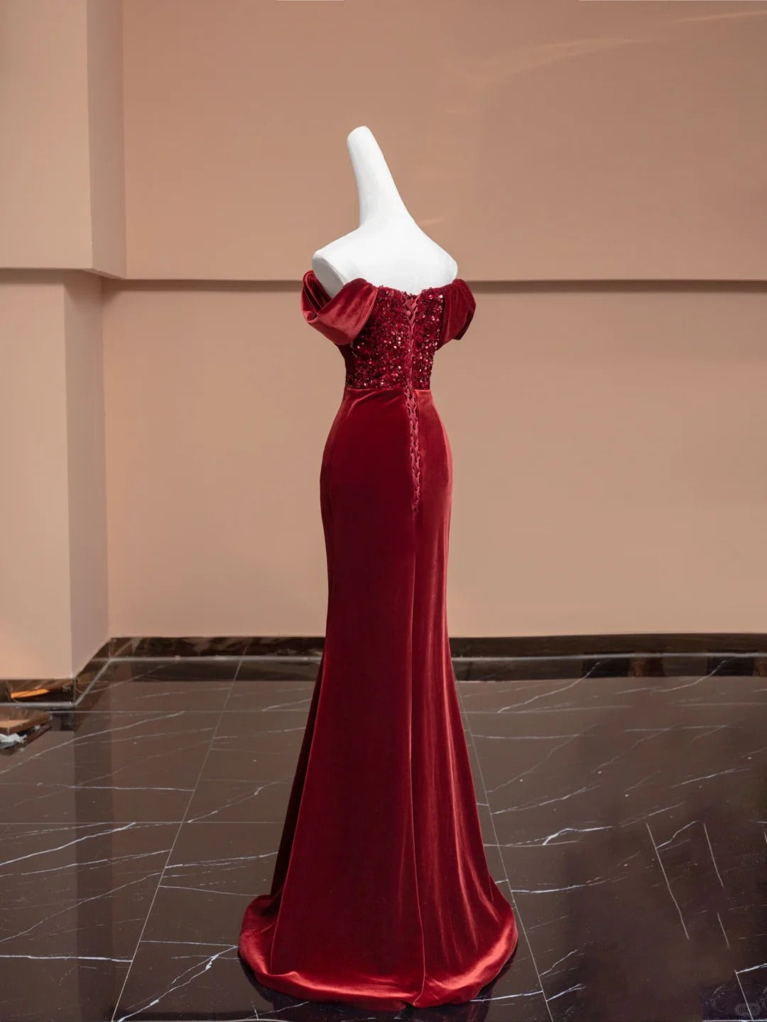 Burgundy Velvet Beading Elegant Fashion Long Mermaid Slim Prom Dress Evening Dress Party Dress gh4877