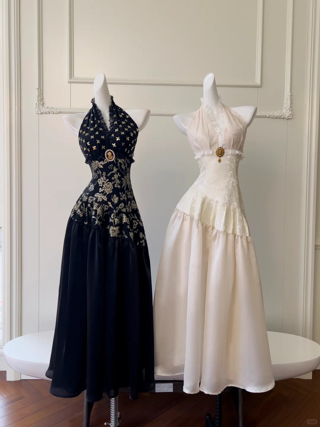 Black/White Vintage Long Satin Prom Dress Birthday Party Dress Evening Dress gh4410