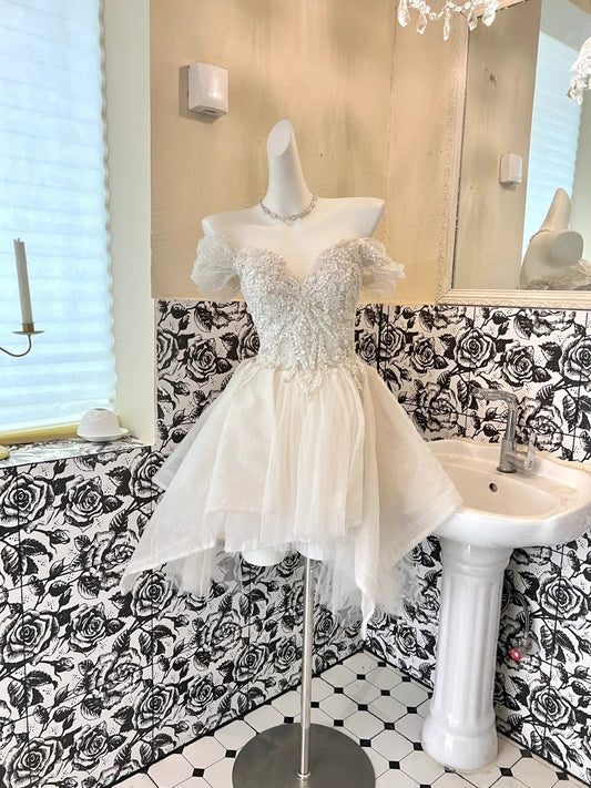 White Sparkly Beaded Short Tulle Cute Sweet Homecoming Dress Birthday Party Dress Wedding Dress gh4263