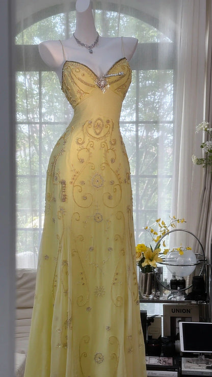 Yellow Gorgeous Exquisite Beaded Backless Spaghetti Strap Long Chiffon Ball Gown Evening Dress Birthday/Holiday Party Dress Prom Dress gh4063