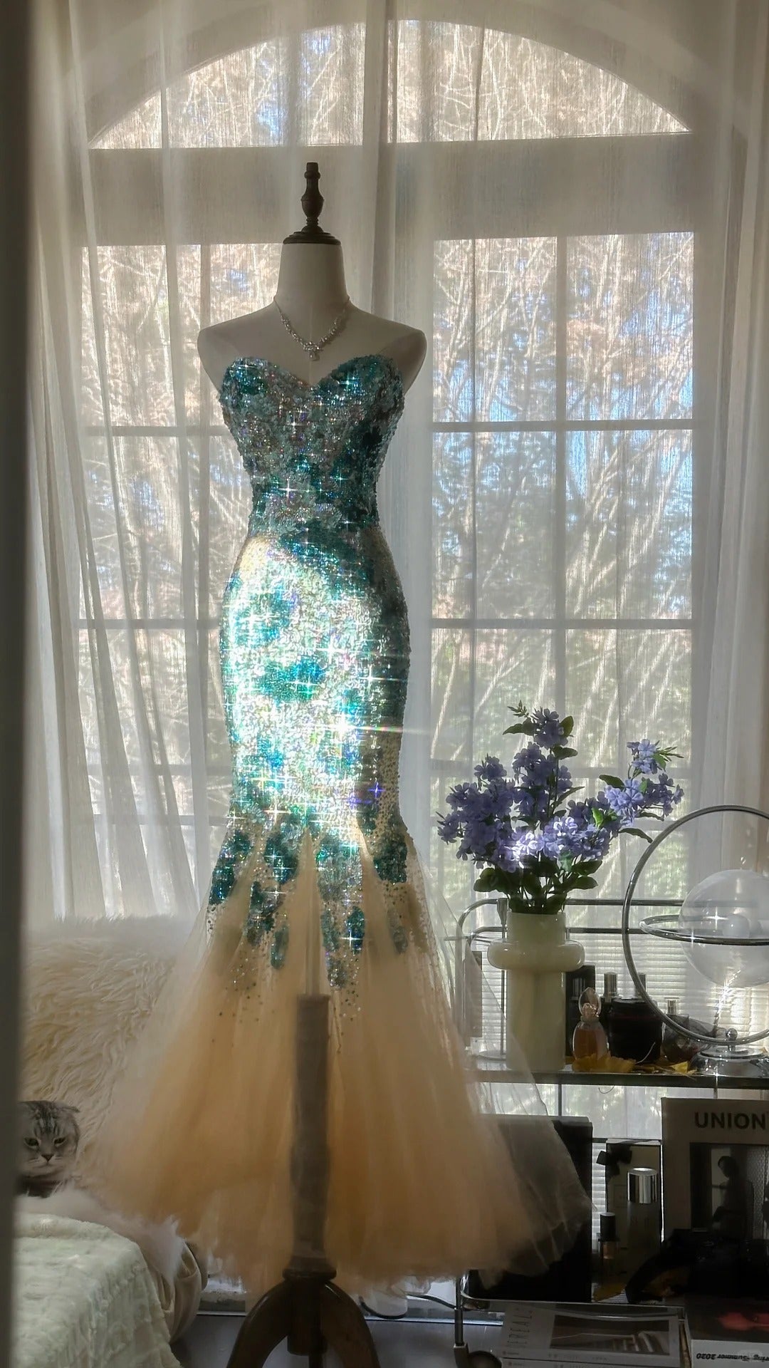 Blue Gorgeous Shiny Exquisite Beaded Long Chiffon Tulle Sequin Ball Gown Evening Gown Party Gown Birthday Gown Date Gown gh4162