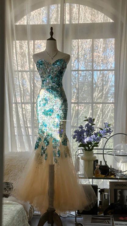 Blue Gorgeous Shiny Exquisite Beaded Long Chiffon Tulle Sequin Ball Gown Evening Gown Party Gown Birthday Gown Date Gown gh4162