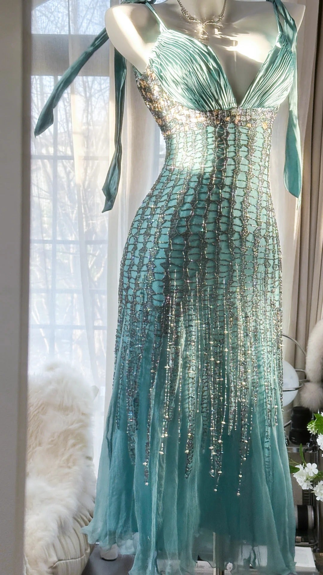 Green Luxury Gorgeous Retro Fashion Exquisite Tassel Beaded Mid-Length Chiffon Ball Gown Birthday Party Dress Evening Dress Prom Dress gh3973